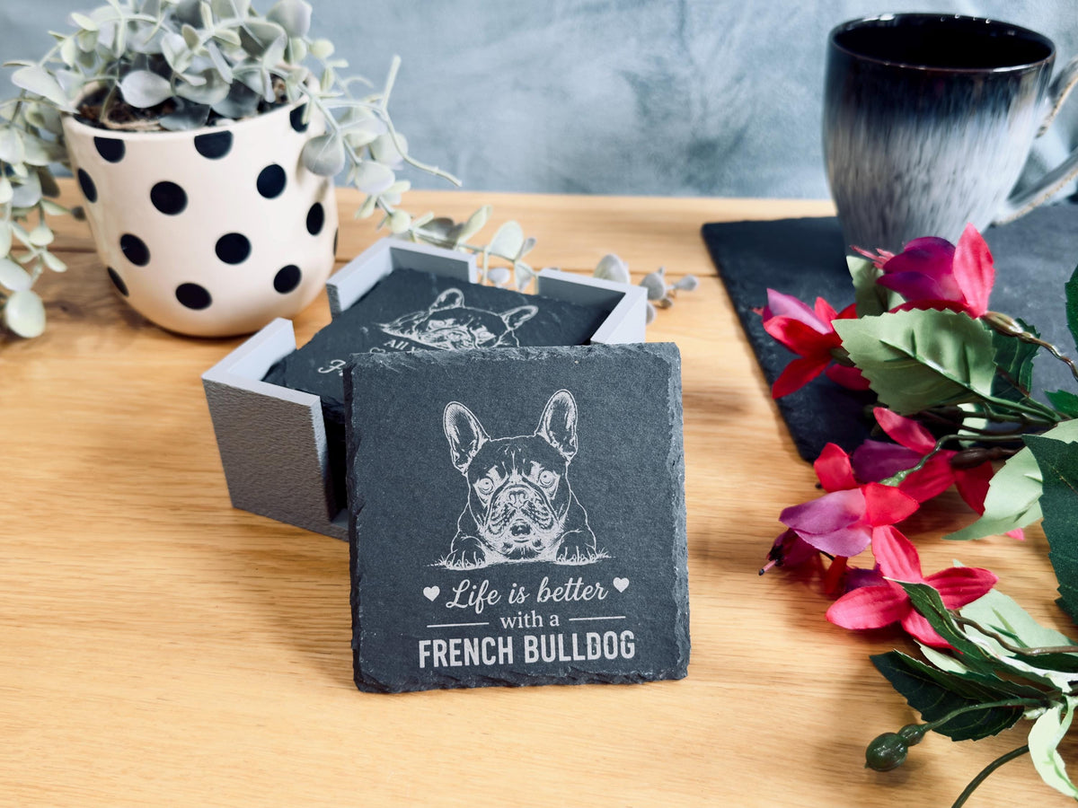 French Bulldog Slate Coasters – 6 Designs with Holder (Set of 6)