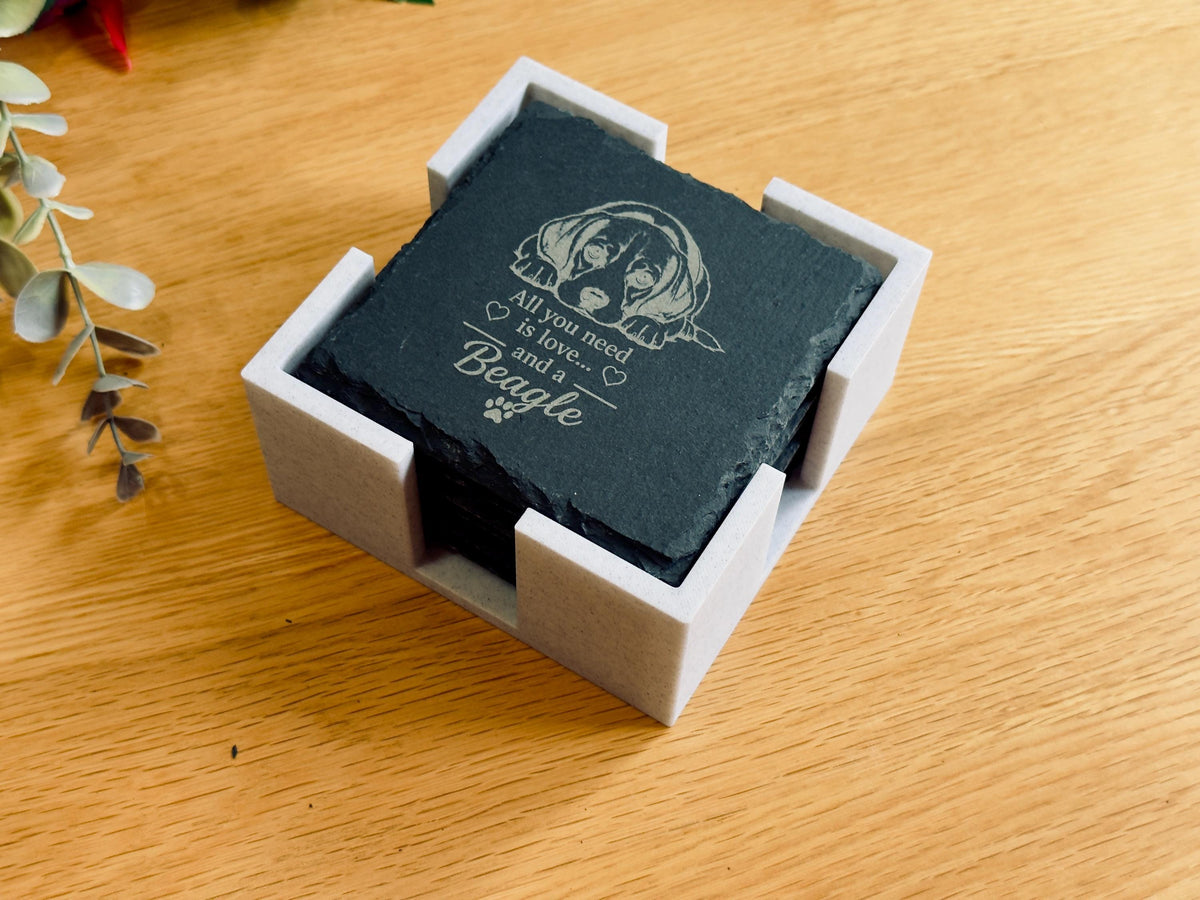 Beagle Slate Coasters – 6 Designs with Holder (Set of 6)