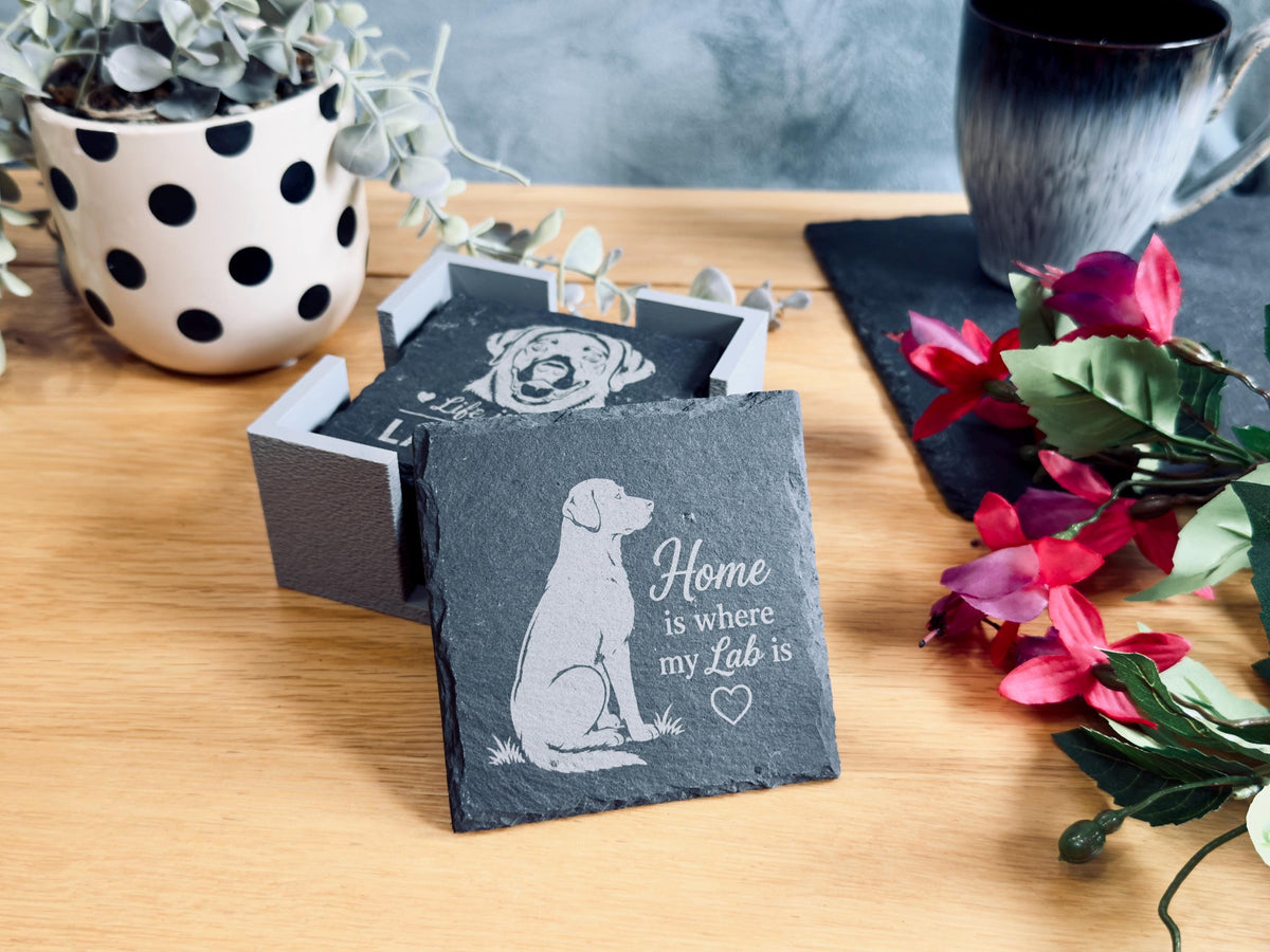 Labrador Slate Coasters – 6 Designs with Holder (Set of 6)