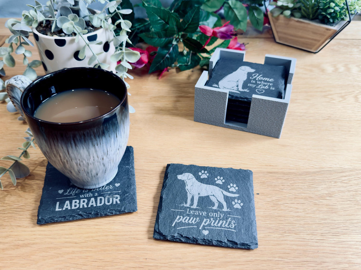 Labrador Slate Coasters – 6 Designs with Holder (Set of 6)