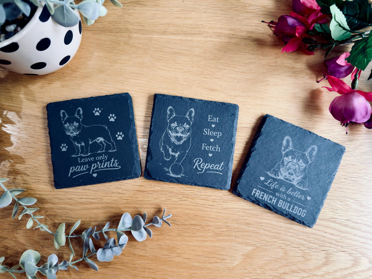French Bulldog Slate Coasters – 6 Designs with Holder (Set of 6)