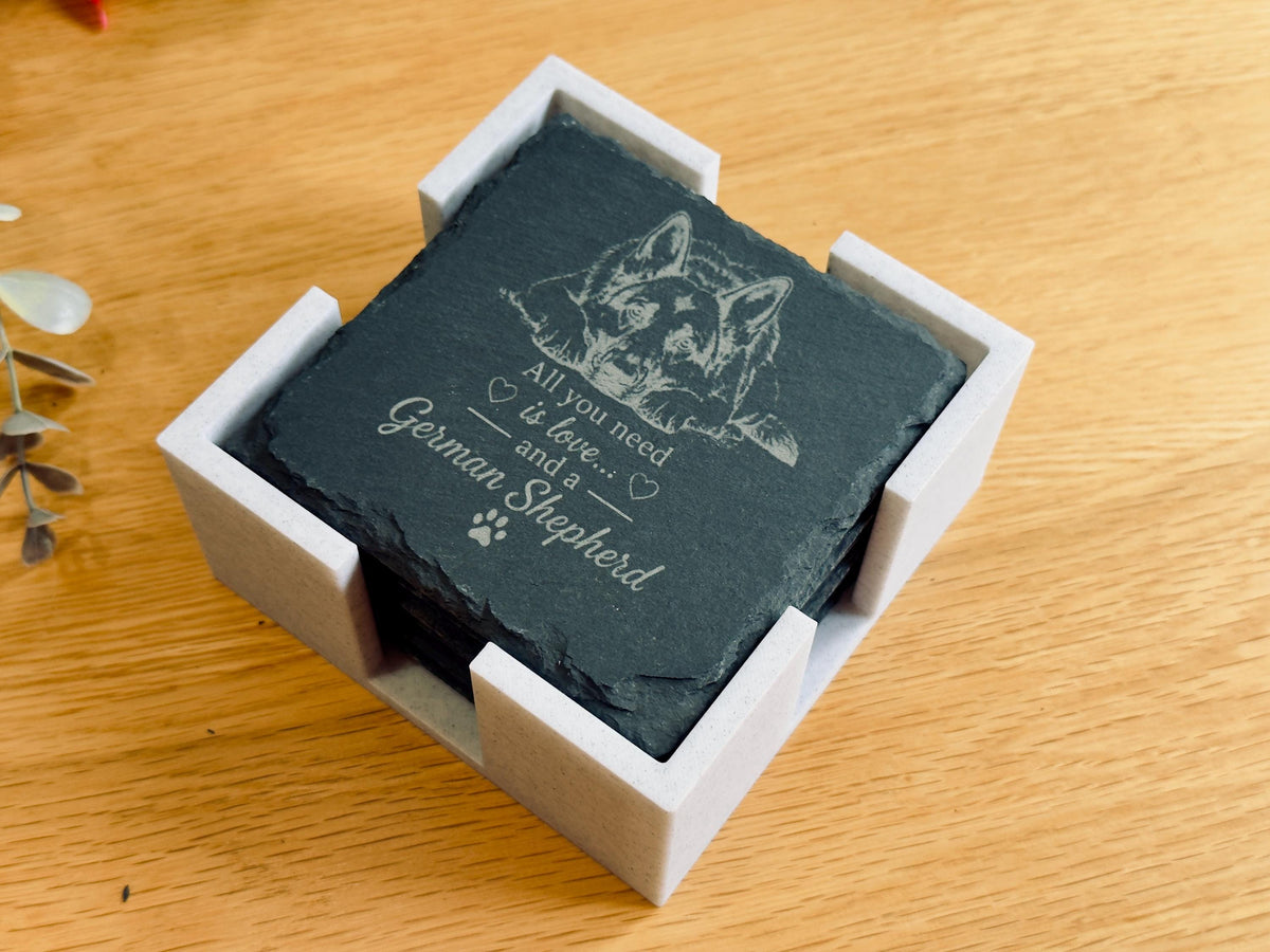 German Shepherd Slate Coasters – 6 Designs with Holder (Set of 6)