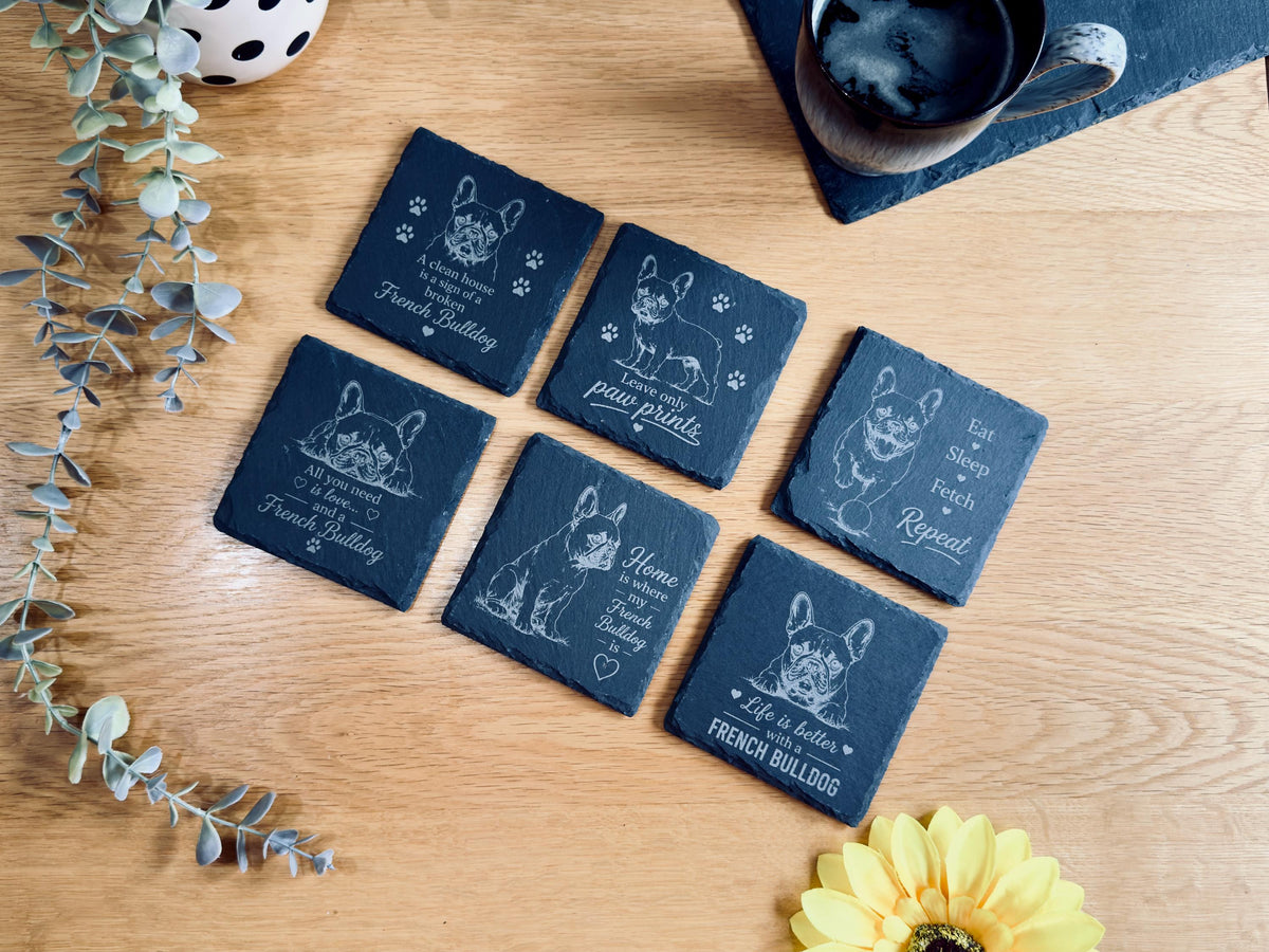 French Bulldog Slate Coasters – 6 Designs with Holder (Set of 6)