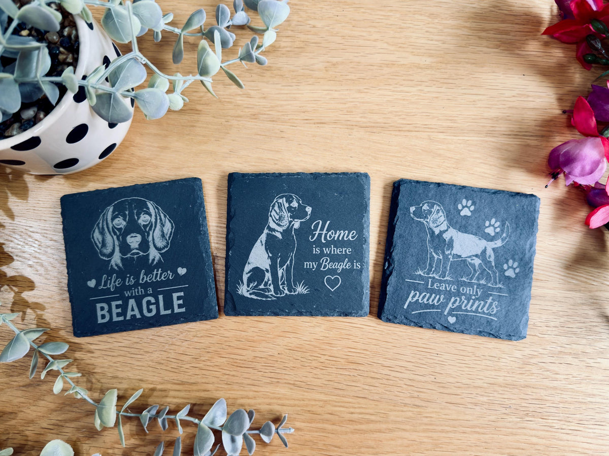 Beagle Slate Coasters – 6 Designs with Holder (Set of 6)