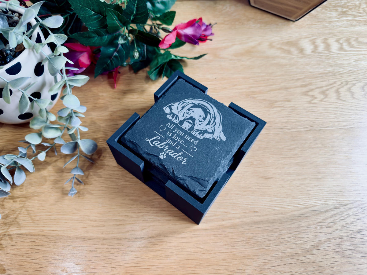 Labrador Slate Coasters – 6 Designs with Holder (Set of 6)