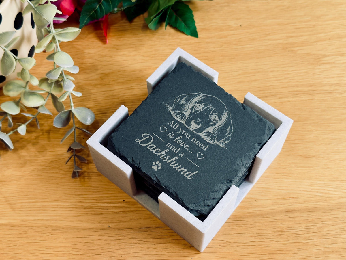 Dachshund Slate Coasters – 6 Designs with Holder (Set of 6)