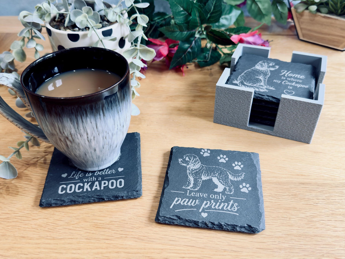 Cockapoo Slate Coasters – 6 Designs with Holder (Set of 6)