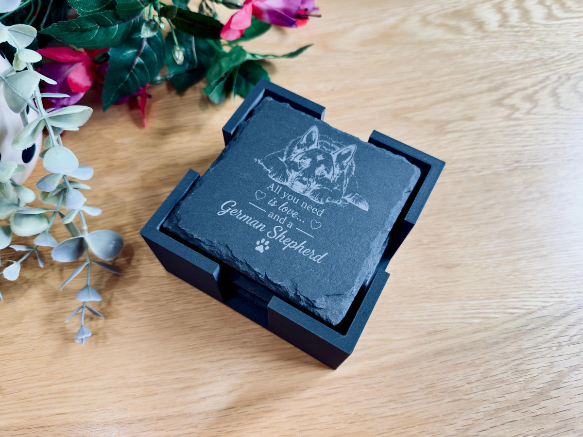 German Shepherd Slate Coasters – 6 Designs with Holder (Set of 6)