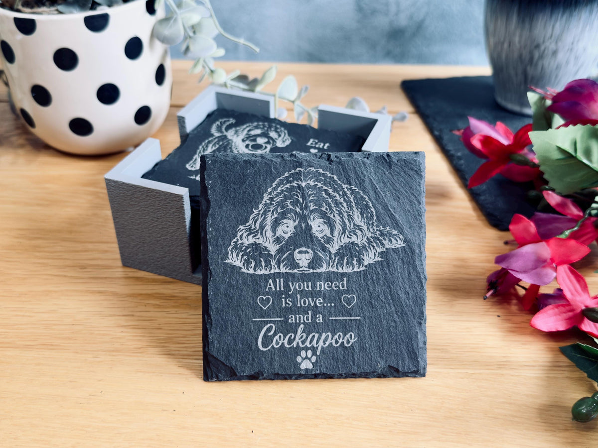 Cockapoo Slate Coasters – 6 Designs with Holder (Set of 6)