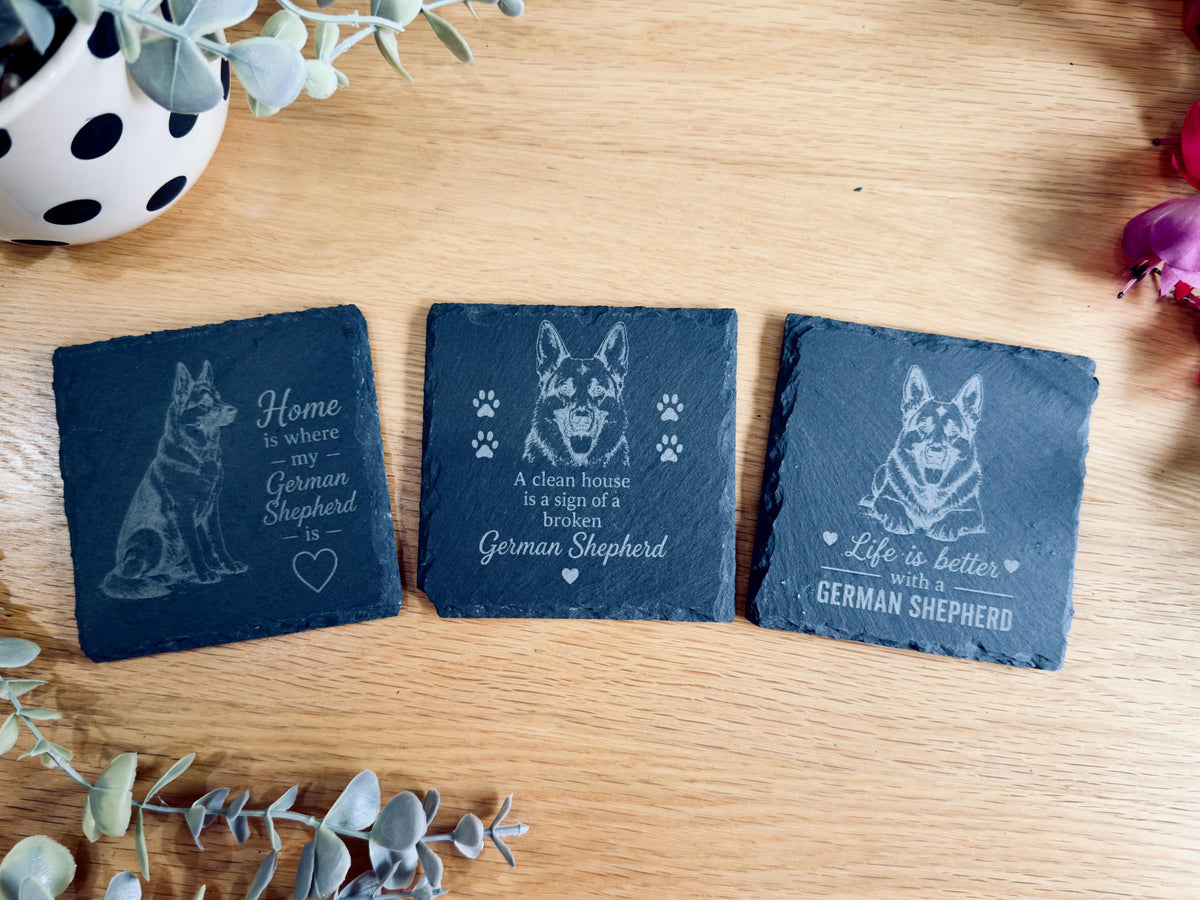 German Shepherd Slate Coasters – 6 Designs with Holder (Set of 6)