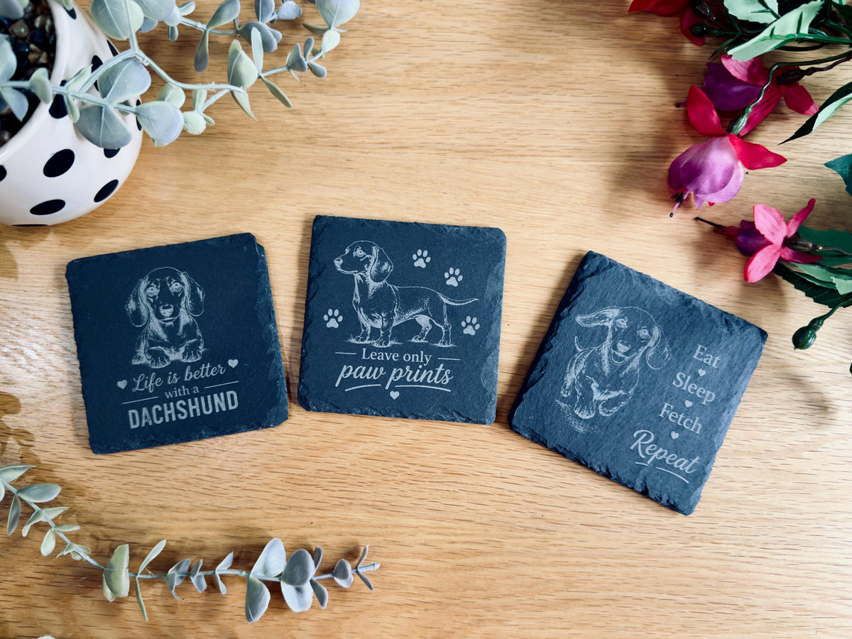 Dachshund Slate Coasters – 6 Designs with Holder (Set of 6)