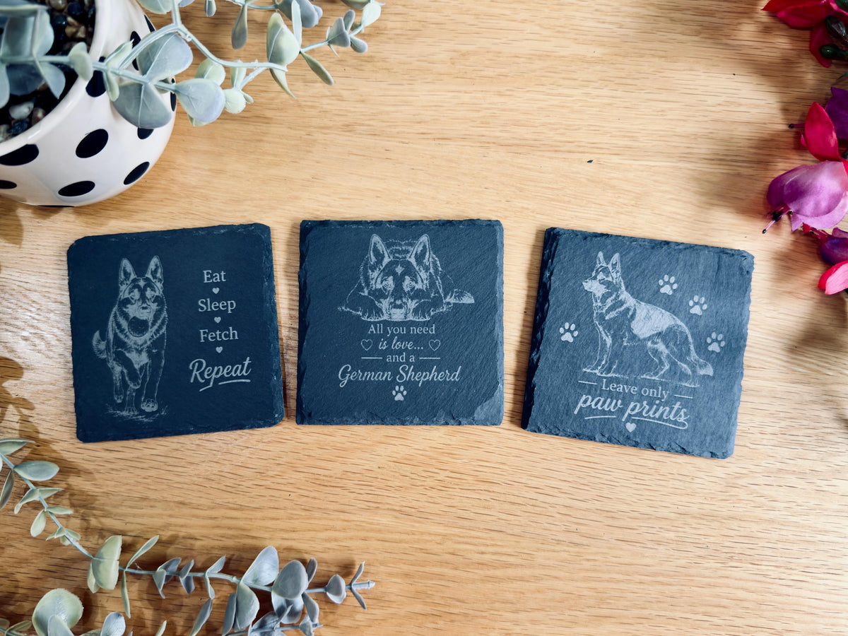 German Shepherd Slate Coasters – 6 Designs with Holder (Set of 6)