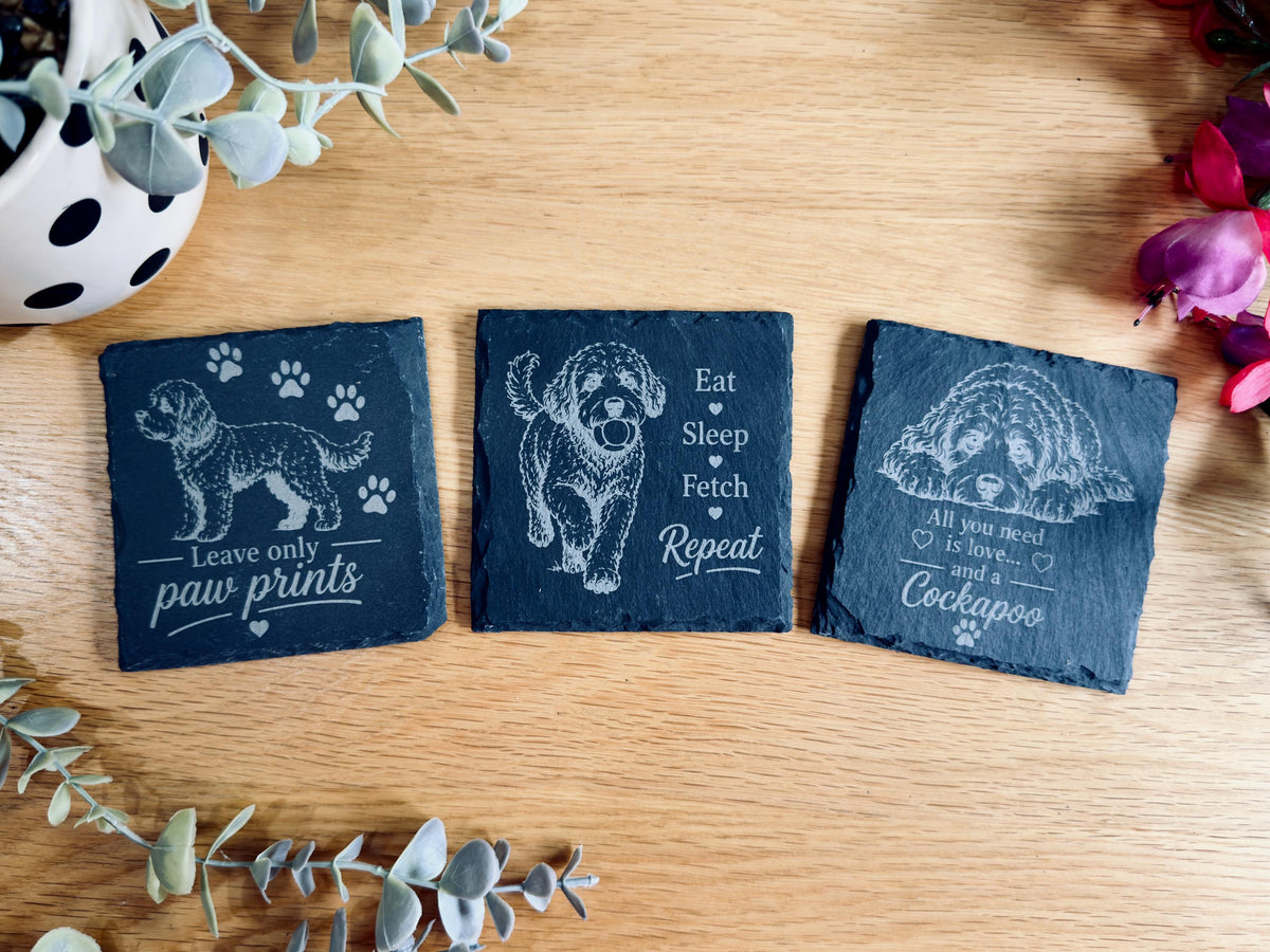 Cockapoo Slate Coasters – 6 Designs with Holder (Set of 6)