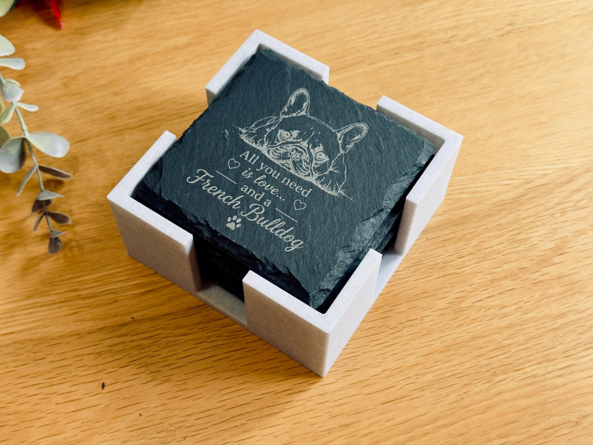 French Bulldog Slate Coasters – 6 Designs with Holder (Set of 6)