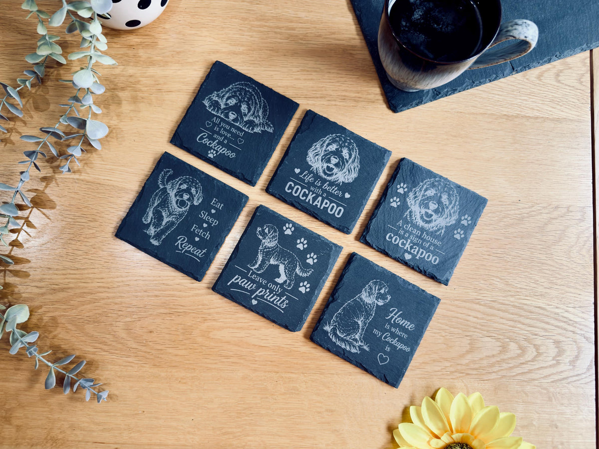 Cockapoo Slate Coasters – 6 Designs with Holder (Set of 6)