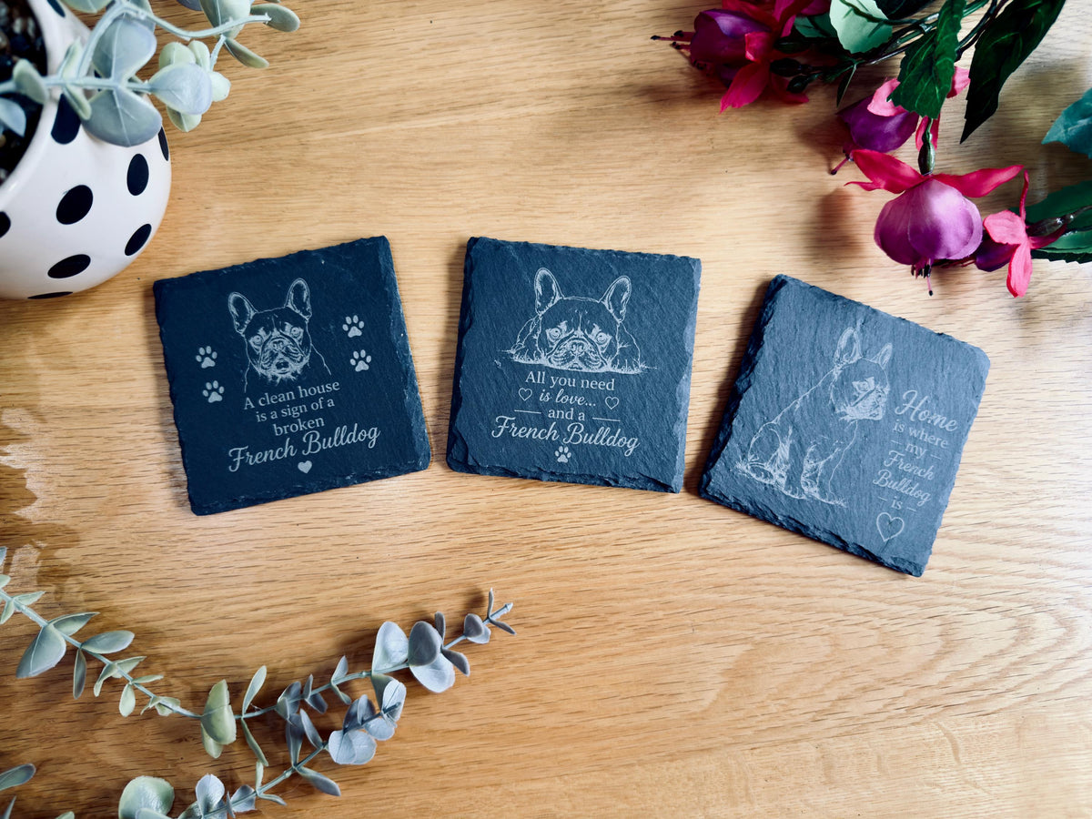 French Bulldog Slate Coasters – 6 Designs with Holder (Set of 6)