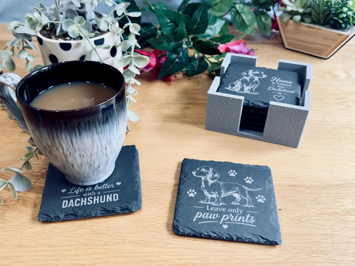 Dachshund Slate Coasters – 6 Designs with Holder (Set of 6)
