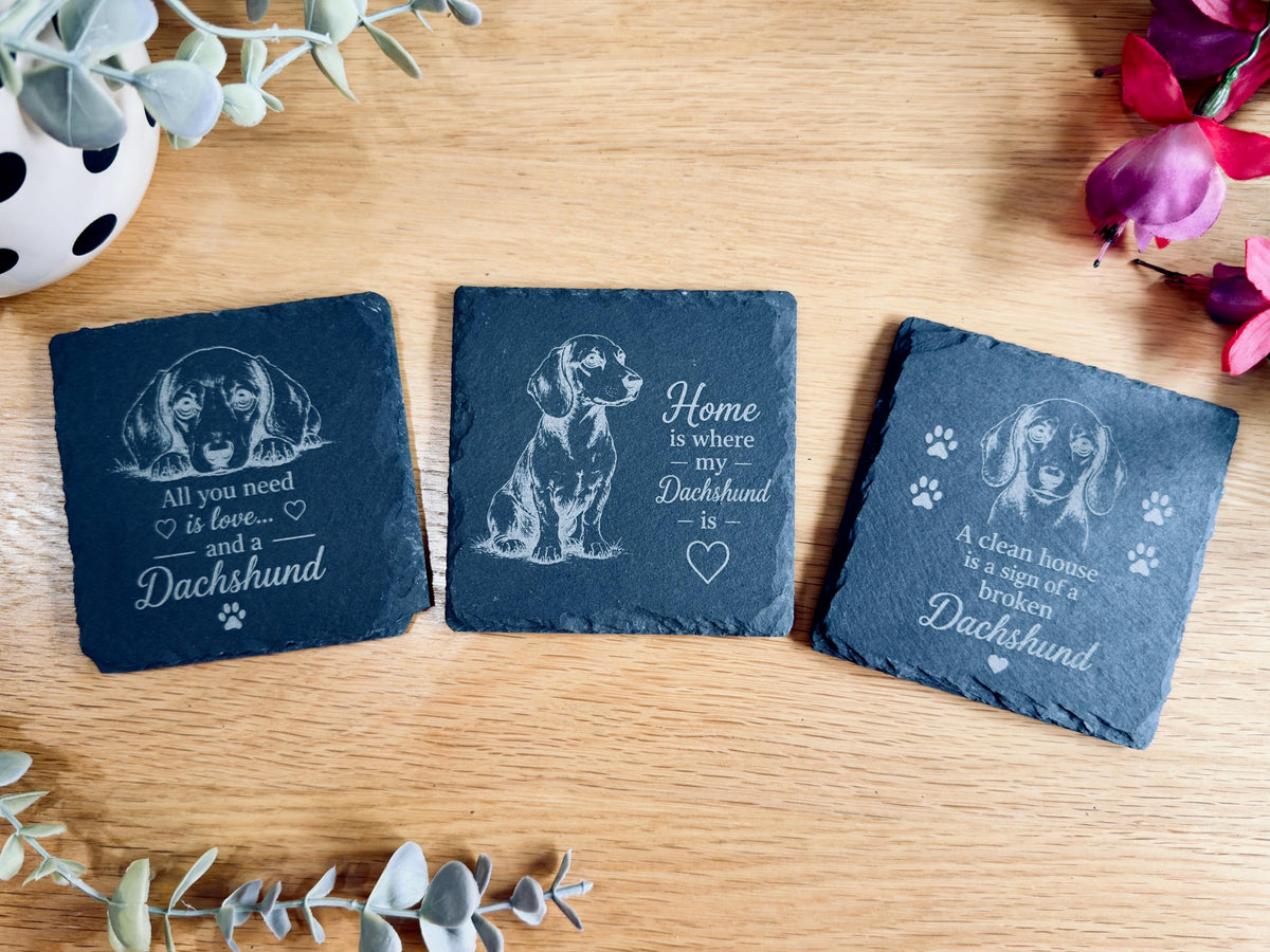 Dachshund Slate Coasters – 6 Designs with Holder (Set of 6)