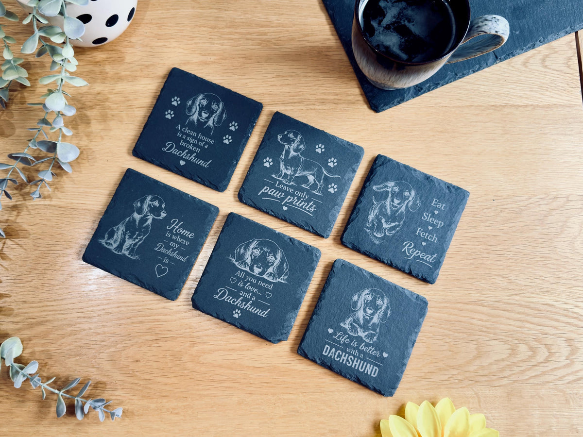 Dachshund Slate Coasters – 6 Designs with Holder (Set of 6)