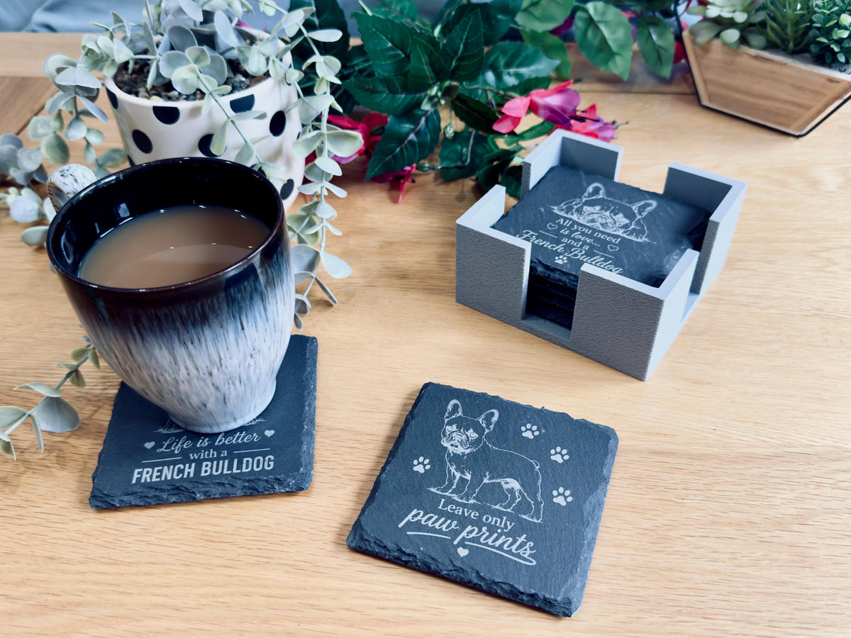 French Bulldog Slate Coasters – 6 Designs with Holder (Set of 6)
