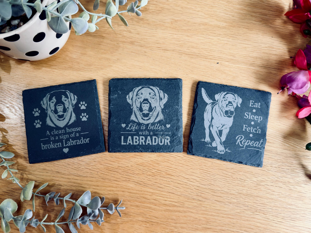 Labrador Slate Coasters – 6 Designs with Holder (Set of 6)