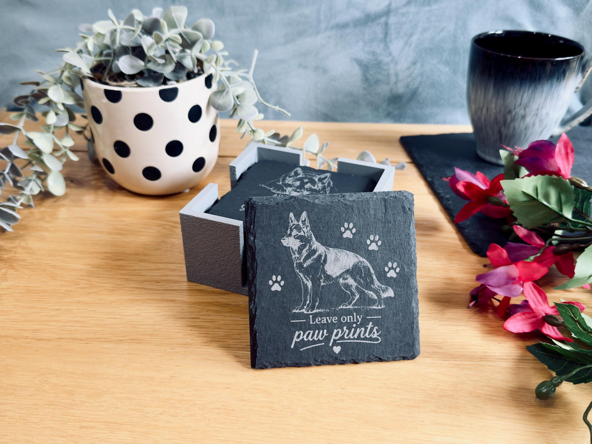 German Shepherd Slate Coasters – 6 Designs with Holder (Set of 6)