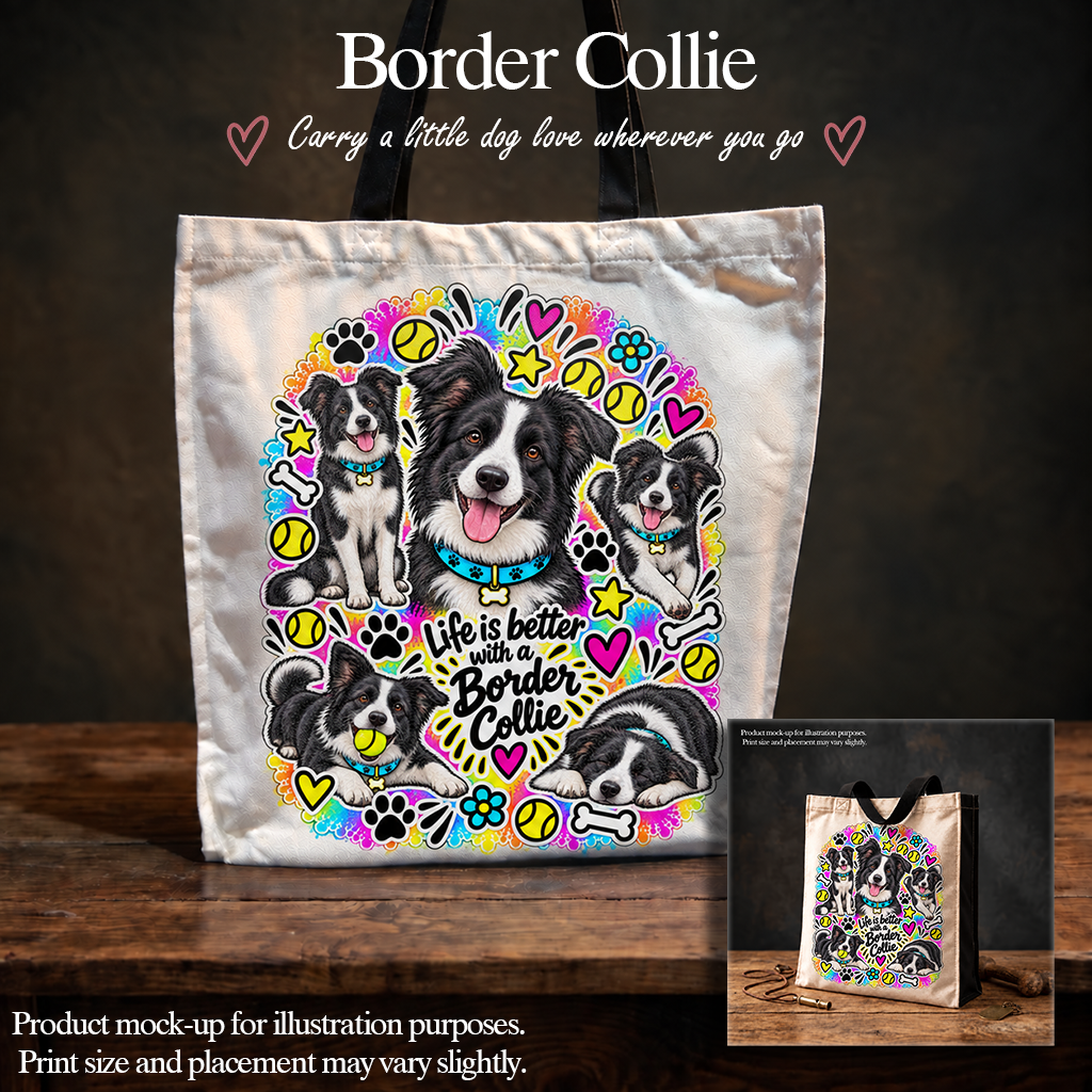 Border Collie Tote Bag – The Neon Collection - Colourful Dog Lover Canvas Shopper