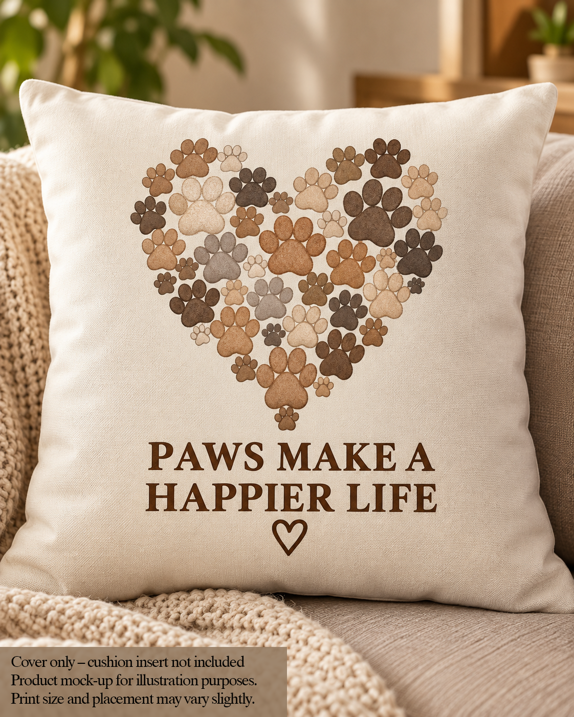 Paws Make a Happier Life Cushion Cover – Dog Lover Cushion – 45 × 45cm