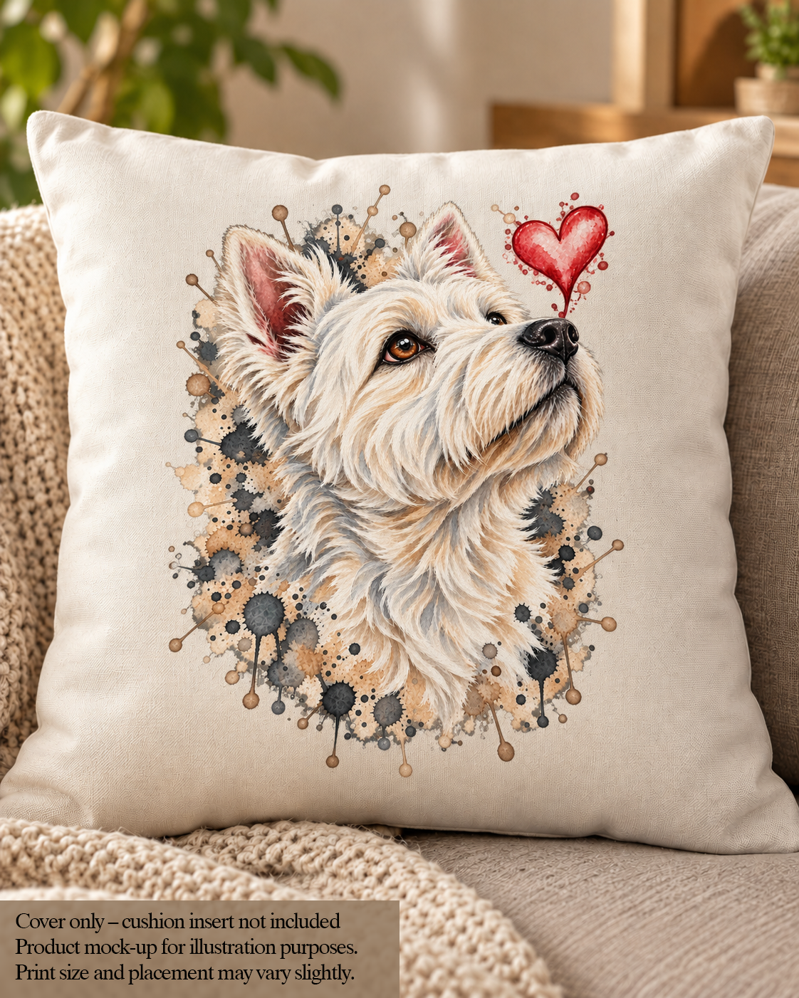 Westie Watercolour Cushion Cover – West Highland White Terrier – 45 × 45cm