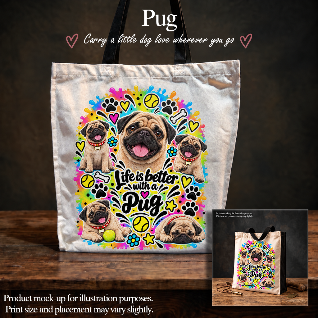 Pug Tote Bag – The Neon Collection - Colourful Dog Lover Canvas Shopper