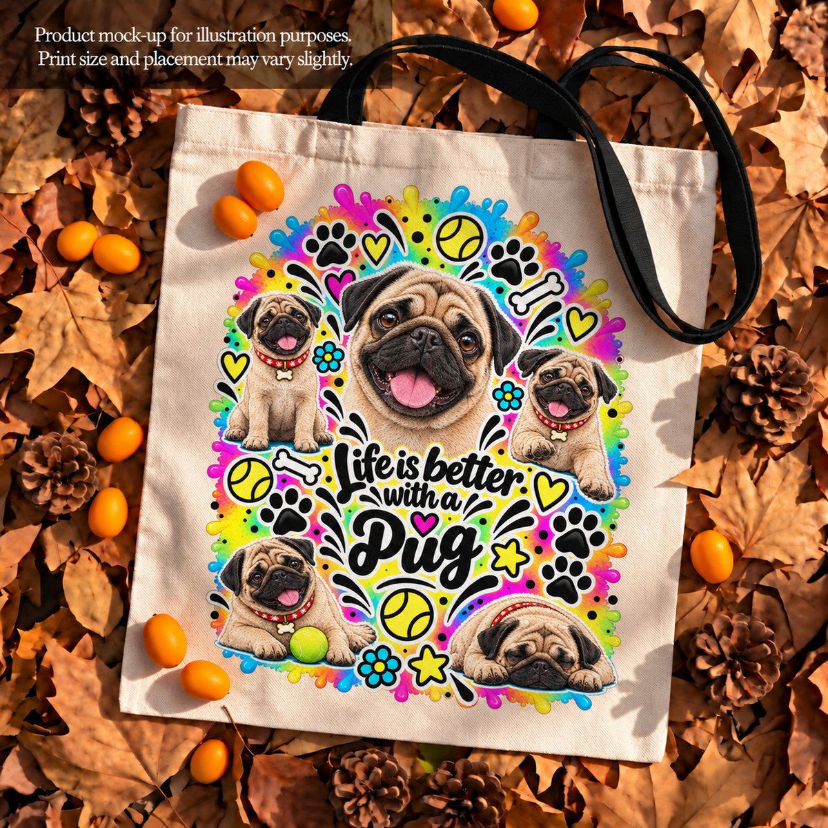 Pug Tote Bag – The Neon Collection - Colourful Dog Lover Canvas Shopper