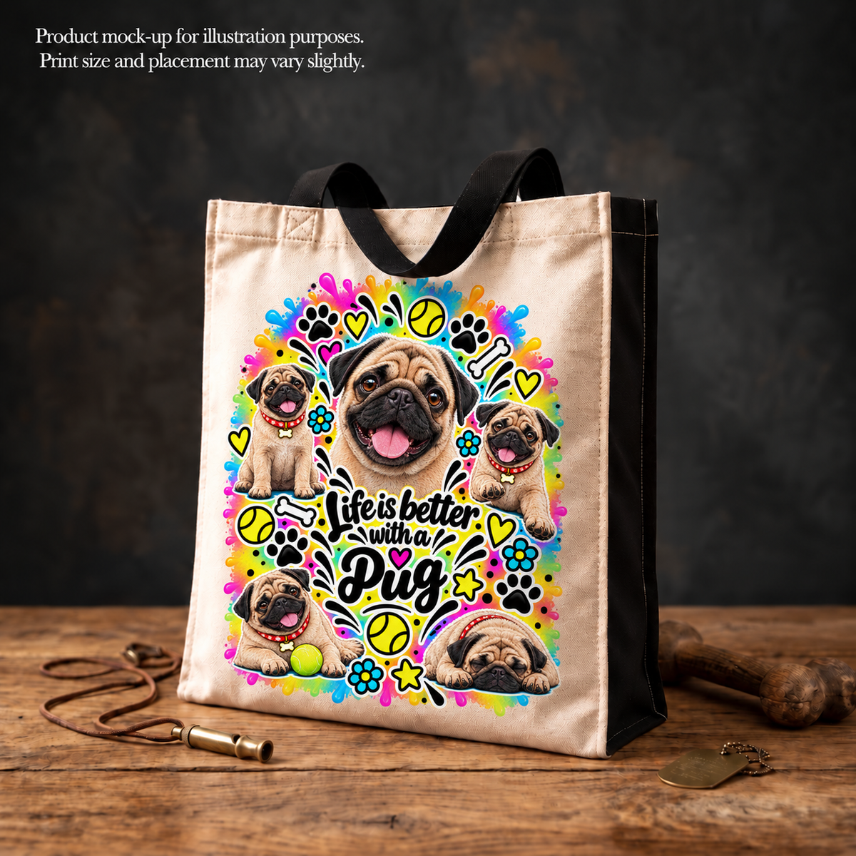 Pug Tote Bag – The Neon Collection - Colourful Dog Lover Canvas Shopper