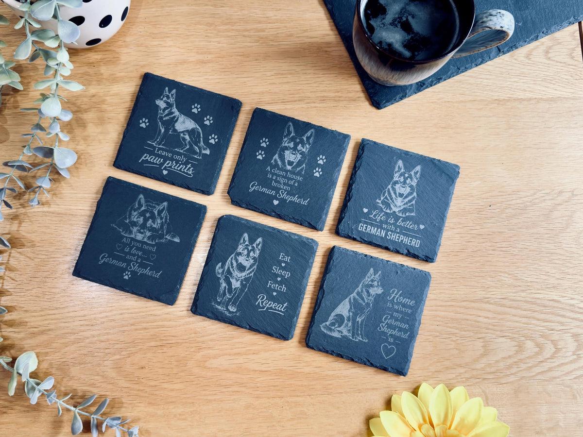 German Shepherd Slate Coasters – 6 Designs with Holder (Set of 6)