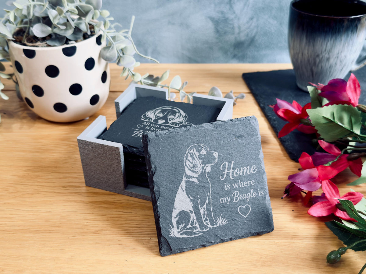 Beagle Slate Coasters – 6 Designs with Holder (Set of 6)