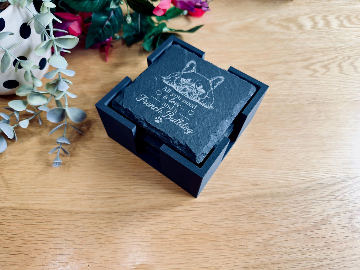 French Bulldog Slate Coasters – 6 Designs with Holder (Set of 6)