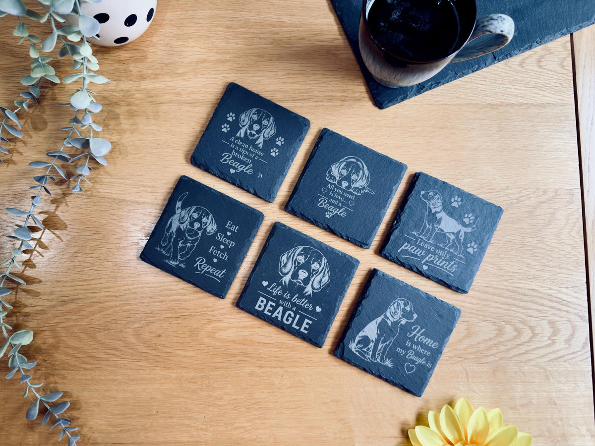 Beagle Slate Coasters – 6 Designs with Holder (Set of 6)