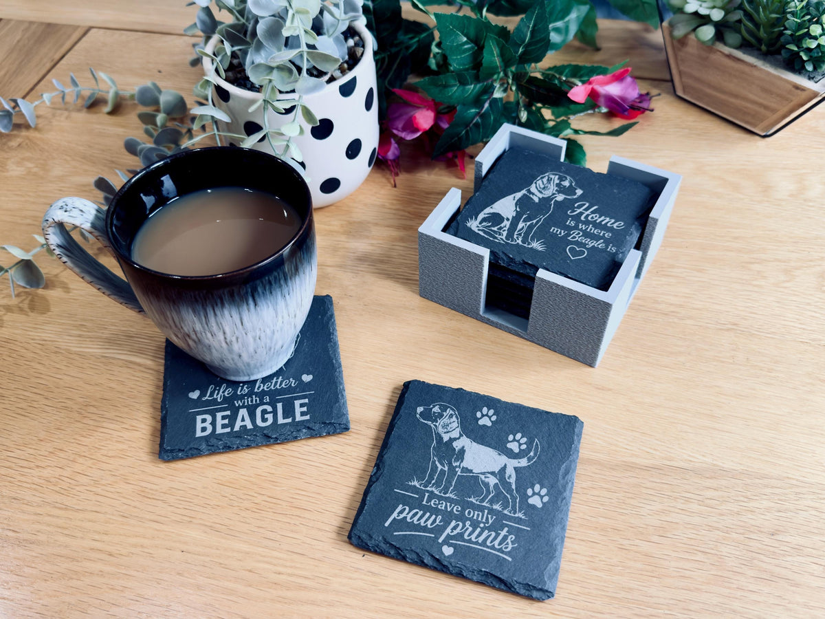 Beagle Slate Coasters – 6 Designs with Holder (Set of 6)