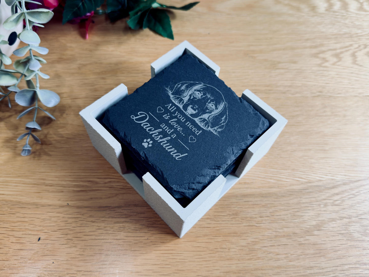 Dachshund Slate Coasters – 6 Designs with Holder (Set of 6)