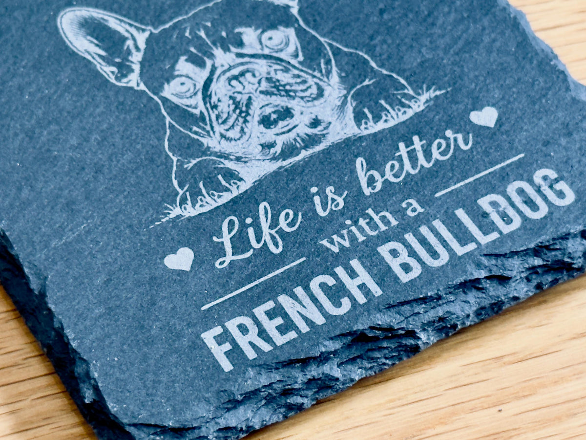 French Bulldog Slate Coasters – 6 Designs with Holder (Set of 6)