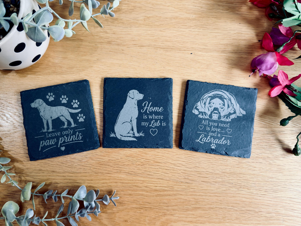 Labrador Slate Coasters – 6 Designs with Holder (Set of 6)