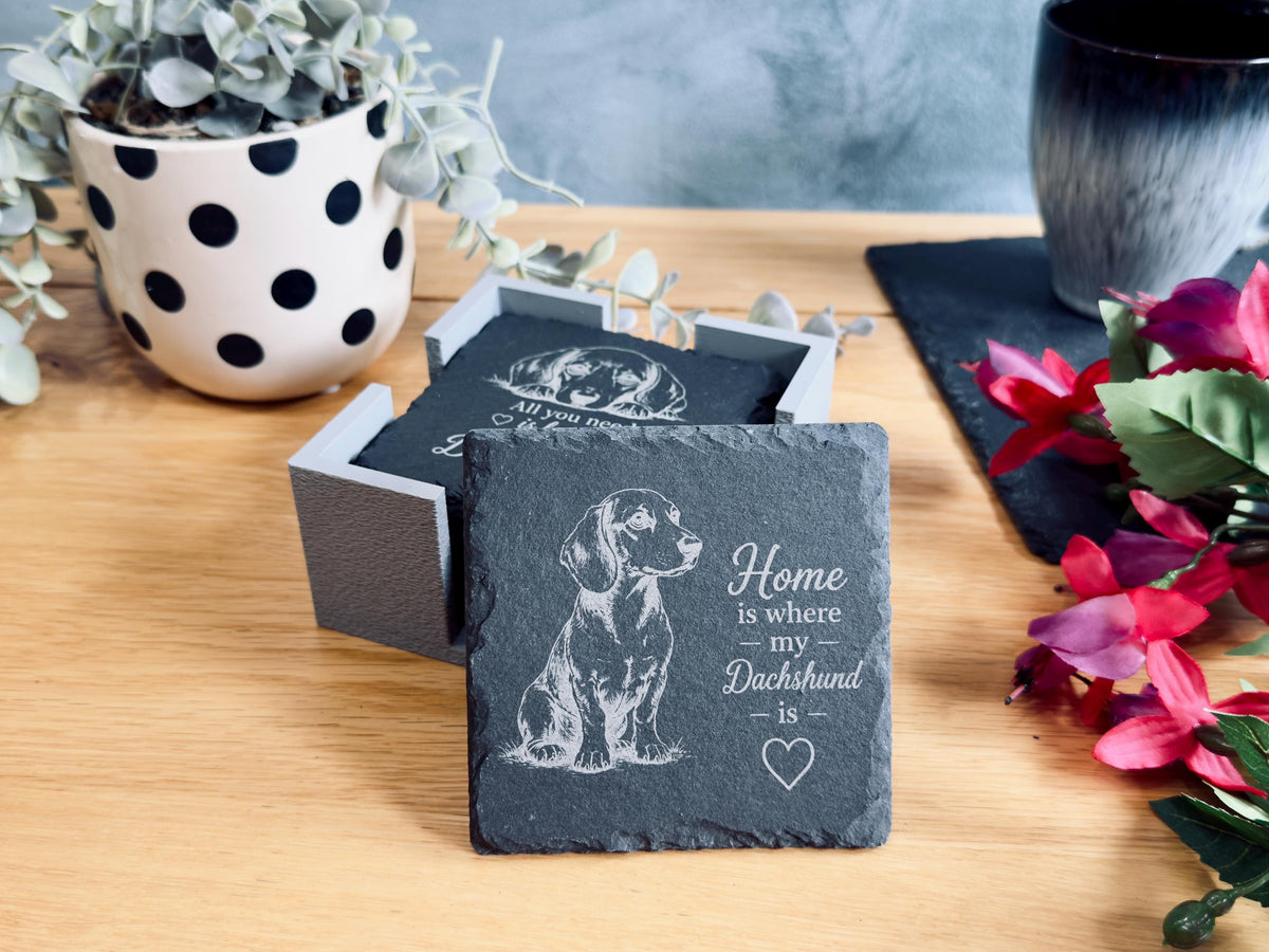 Dachshund Slate Coasters – 6 Designs with Holder (Set of 6)
