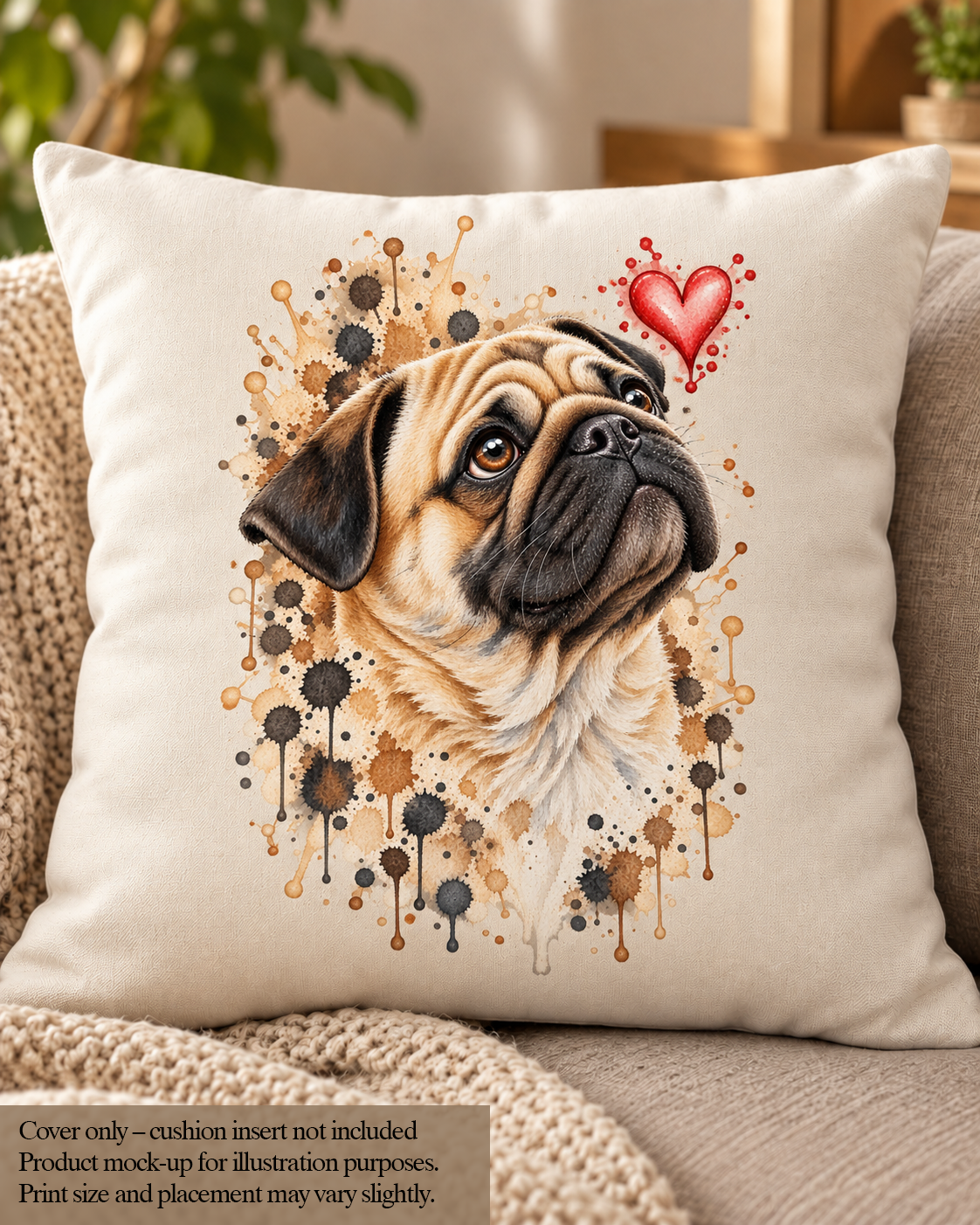 Pug Watercolour Cushion Cover – Dog Lover Cushion – 45 × 45cm