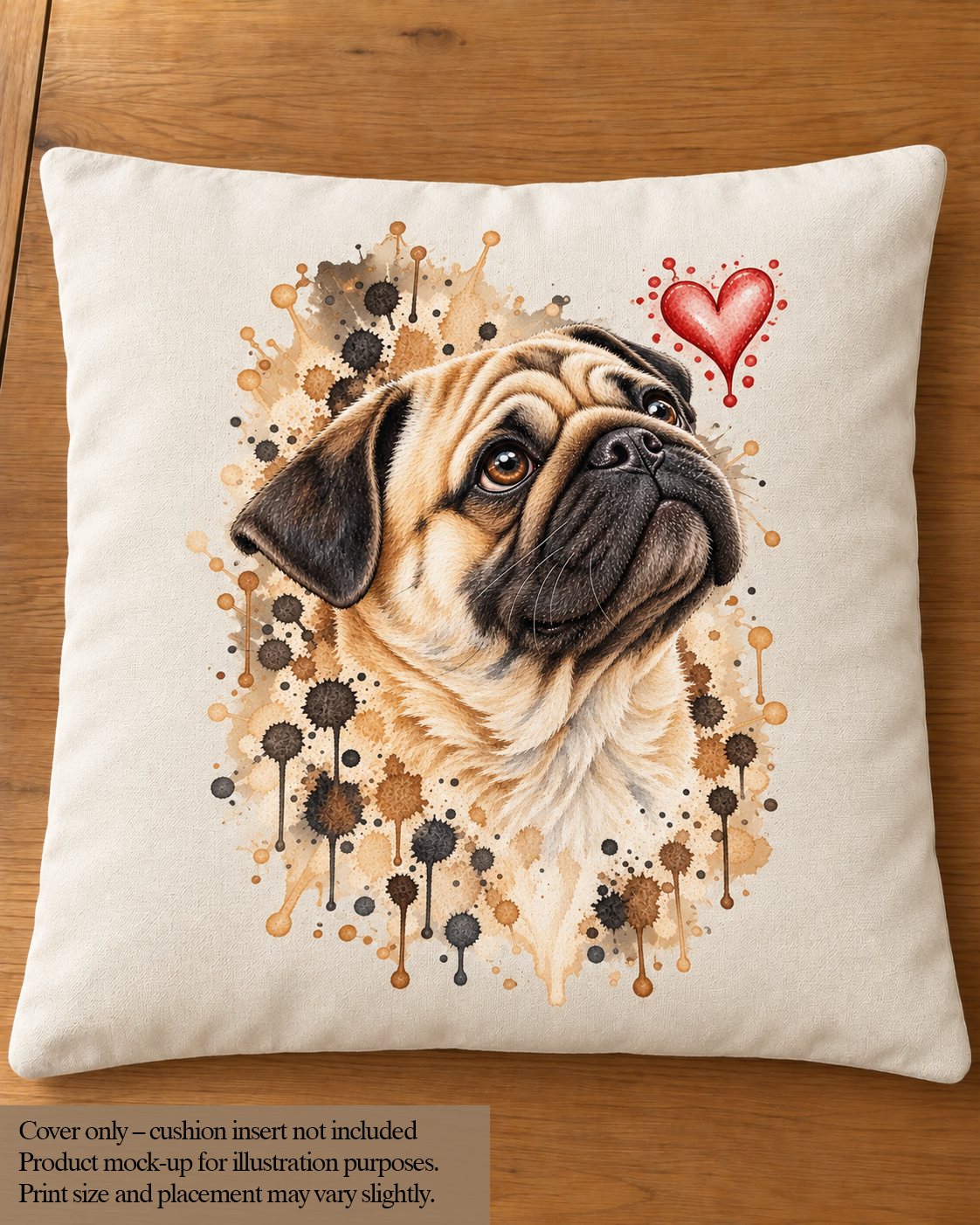 Pug Watercolour Cushion Cover – Dog Lover Cushion – 45 × 45cm