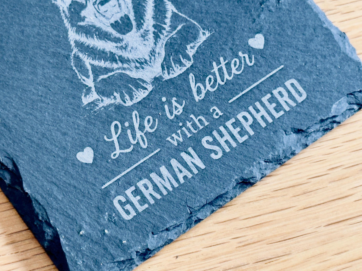 German Shepherd Slate Coasters – 6 Designs with Holder (Set of 6)
