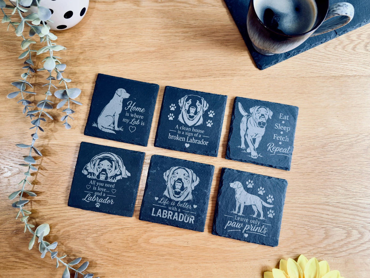 Labrador Slate Coasters – 6 Designs with Holder (Set of 6)