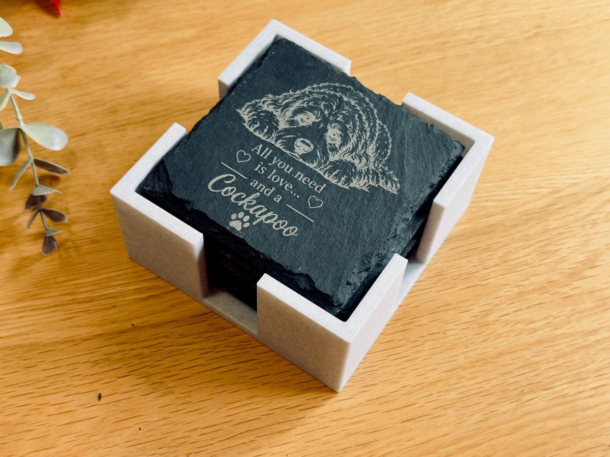 Cockapoo Slate Coasters – 6 Designs with Holder (Set of 6)