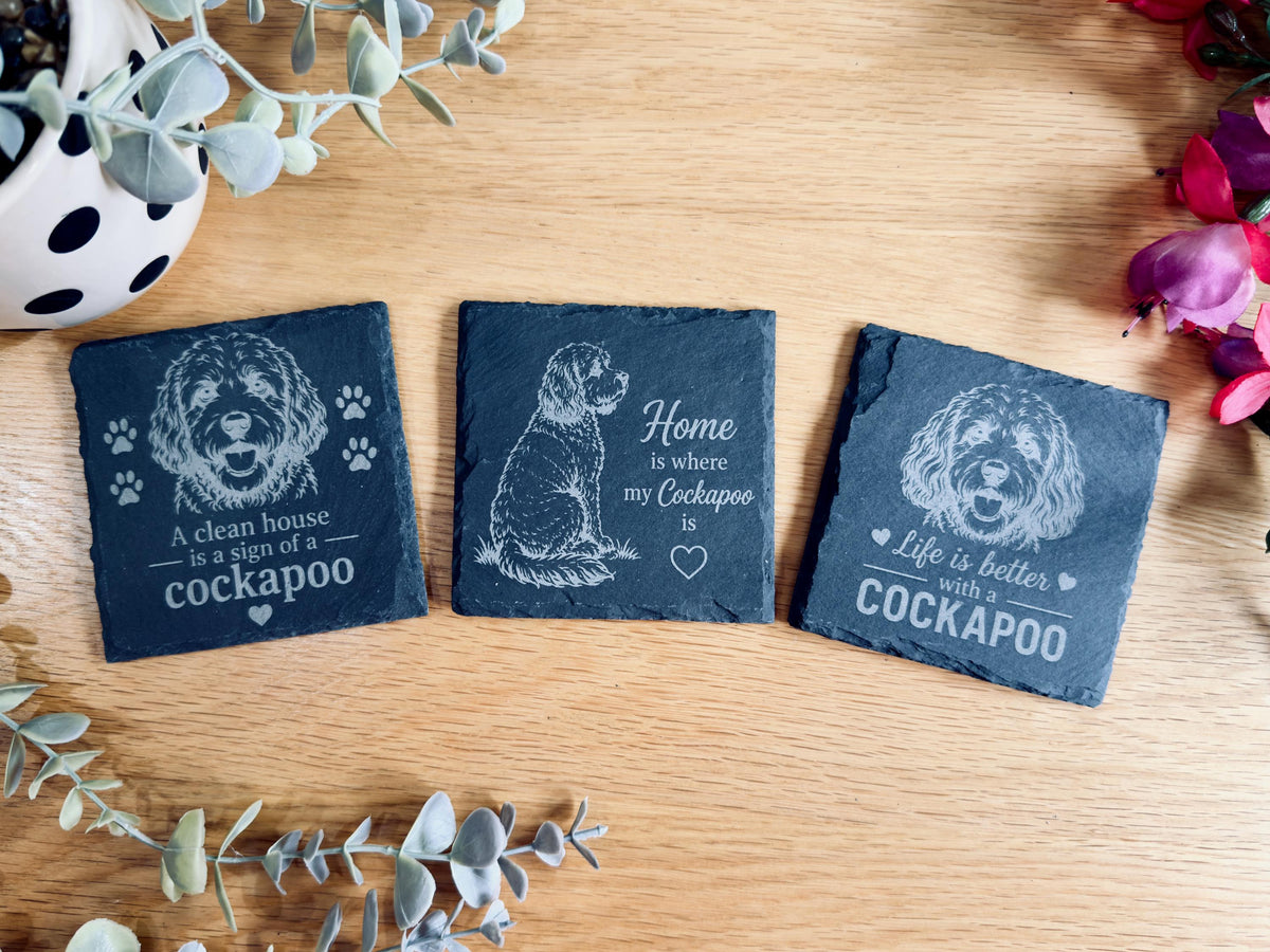 Cockapoo Slate Coasters – 6 Designs with Holder (Set of 6)