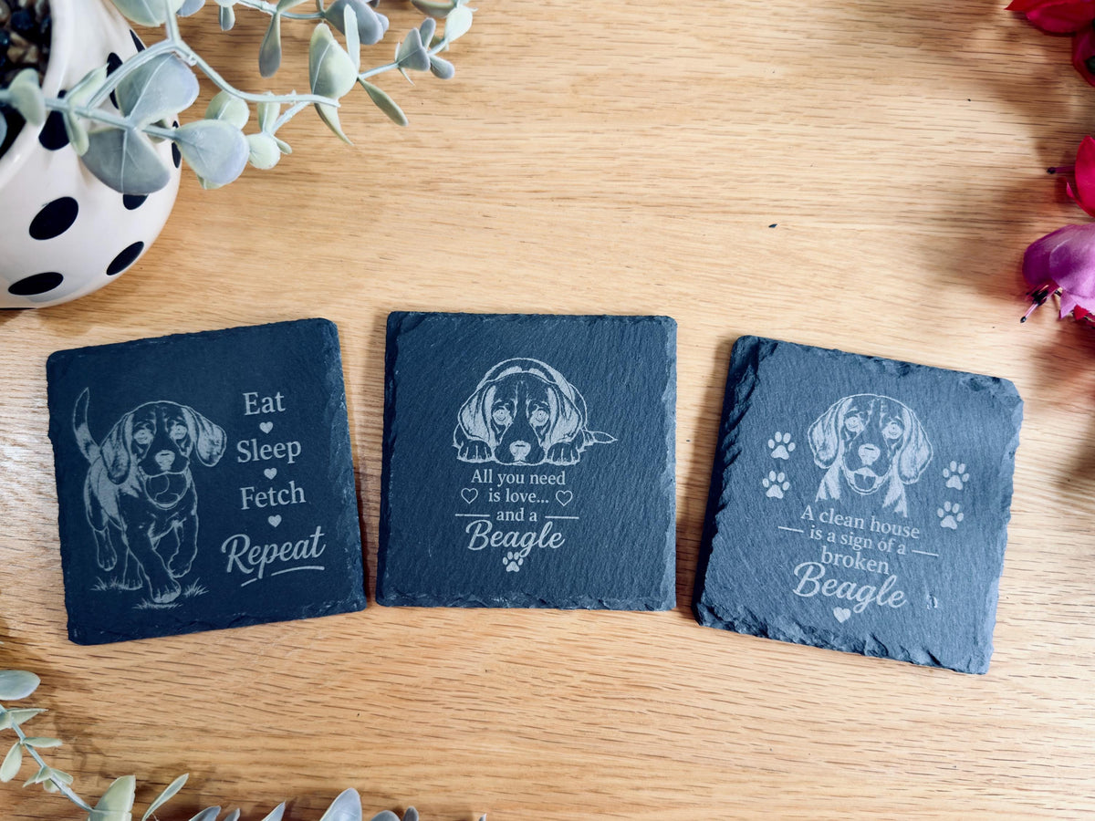 Beagle Slate Coasters – 6 Designs with Holder (Set of 6)