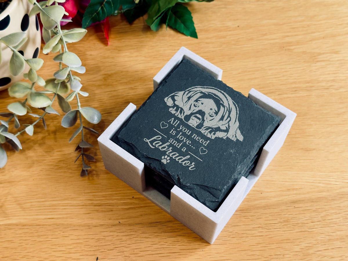 Labrador Slate Coasters – 6 Designs with Holder (Set of 6)