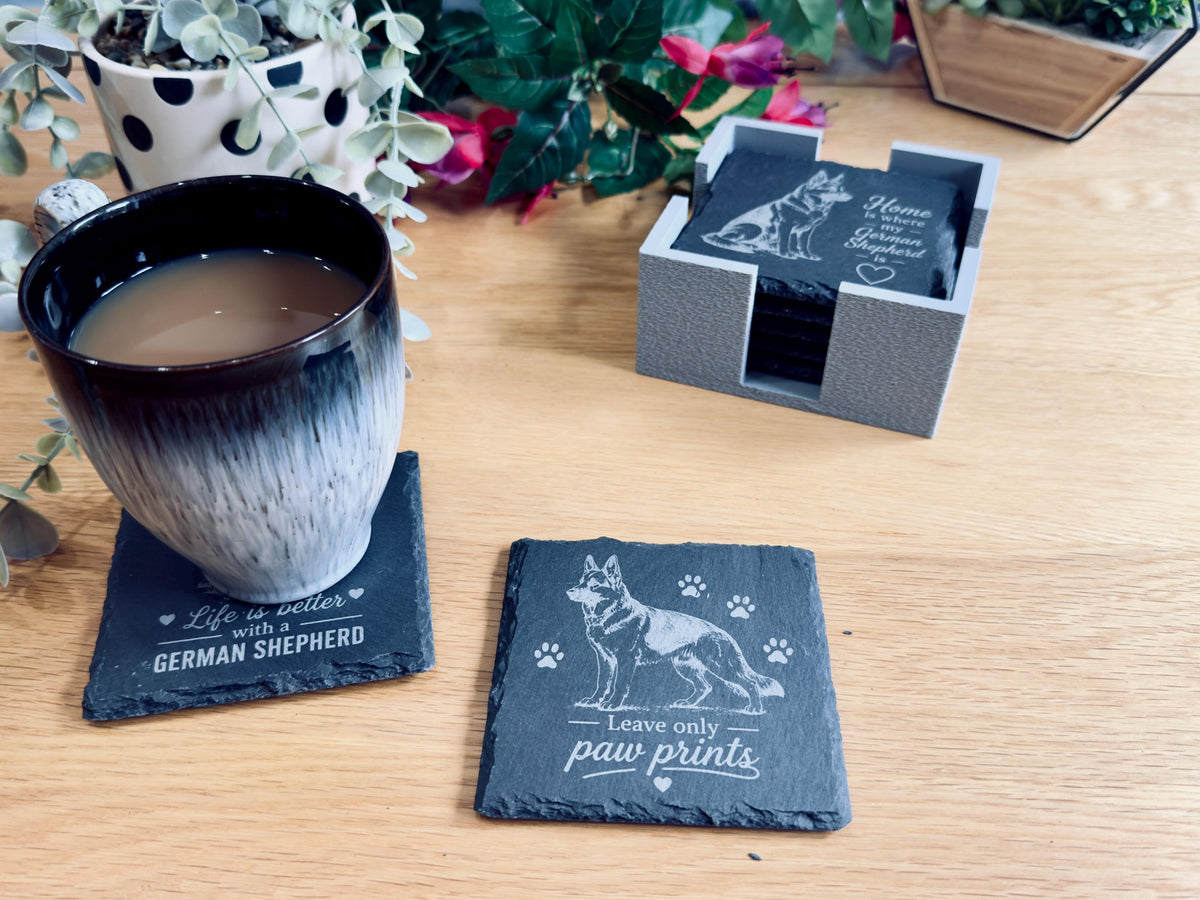 German Shepherd Slate Coasters – 6 Designs with Holder (Set of 6)